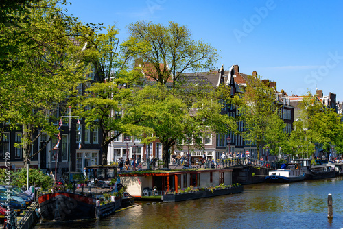 Buildings and boats along the canal in Amsterdam, Netherlands