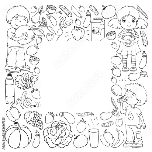 Vector pattern with children eating healthy food. Fruits and vegetables. Kids like milk  dairy products. Pattern for store  mall  menu  cafe  restaurants.