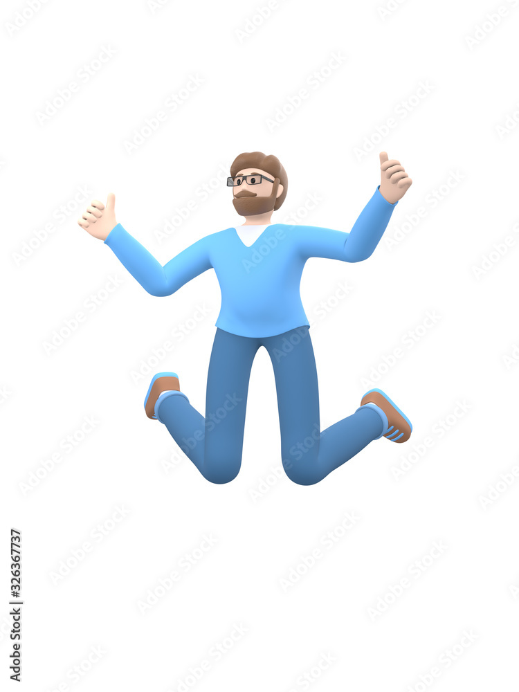 A young cheerful guy with a beard in glasses dances, jumps, levitates and flies. Positive character in casual colored clothes. Funny, abstract cartoon people. 3D rendering.