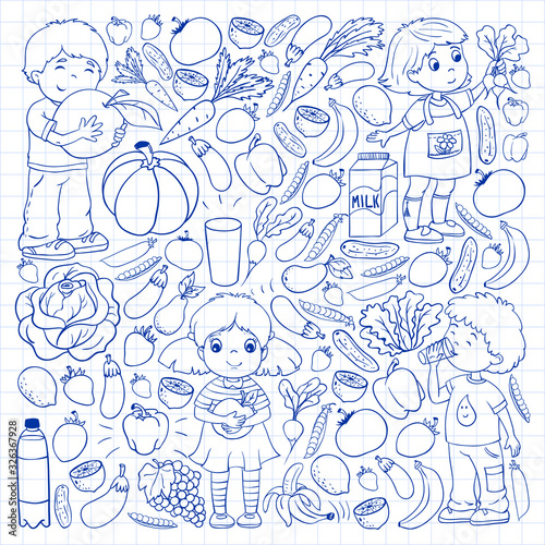 Vector pattern with children eating healthy food. Fruits and vegetables. Kids like milk, dairy products. Pattern for store, mall, menu, cafe, restaurants.
