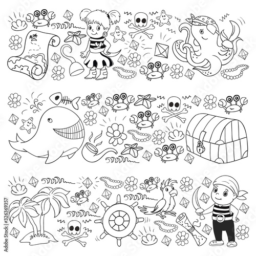 Vector set with pirate elements for birthday party for little children. Kids pattern with octopus  beach  treasure chest  ship