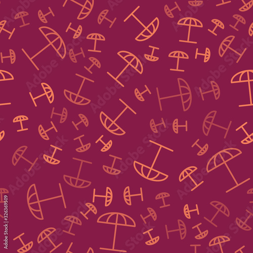 Brown line Sun protective umbrella for beach icon isolated seamless pattern on red background. Large parasol for outdoor space. Beach umbrella. Vector Illustration