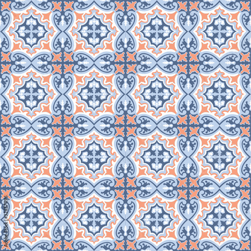 Abstract floral seamless pattern. Geometric asian ornament. Traditional floral oriental tile ornamental backdrop in portugues azulejo style. Good for wallpaper design