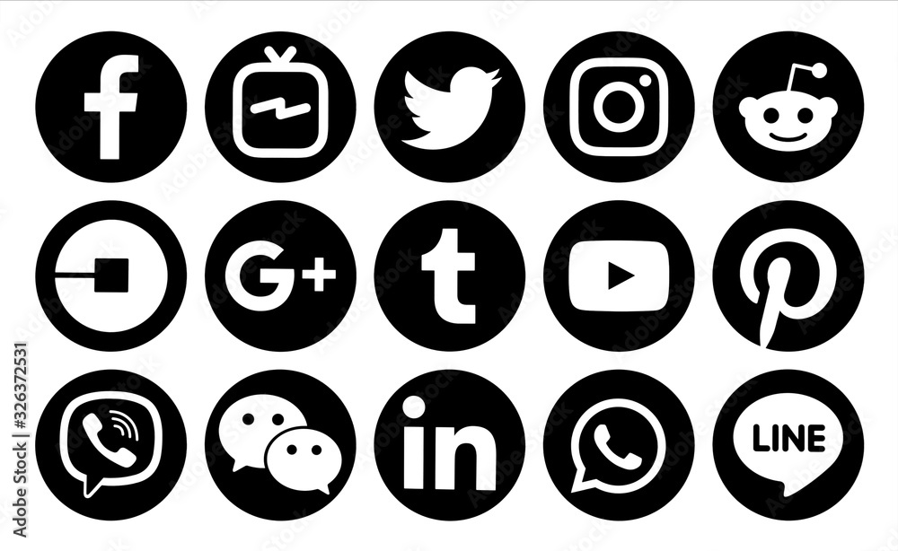 Set of most popular circle black social media icons Stock Photo | Adobe ...