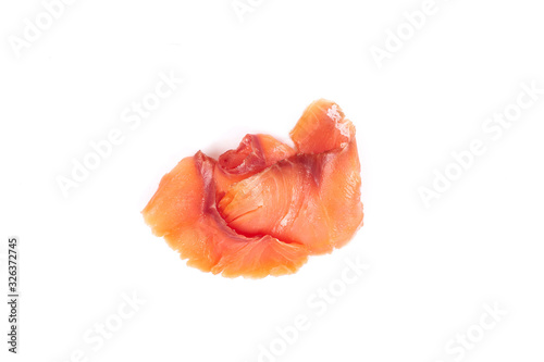Slices of tasty salmon fillet isolated on white background.