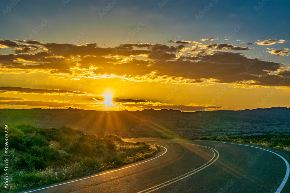 Road in Arches National Park at sunrise, Arizona, USA