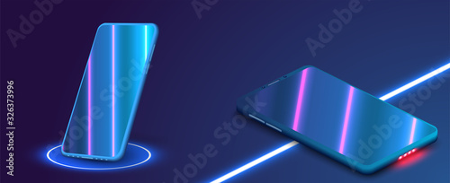 3D realistic template of an imaginary phone with the neon reflection on the screen. Perspective view of the smartphone. The layout of the device. Template for infographics or presentation. Futuristic
