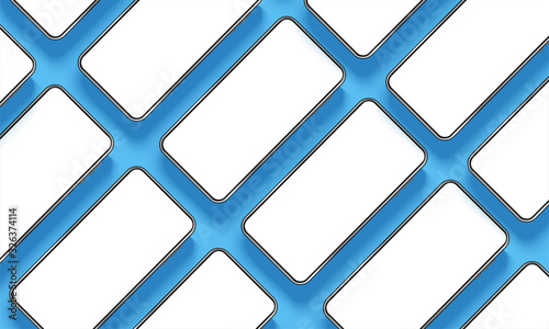 Collection of smartphones, top view, on a blue background. Smartphone with a blank white screen. Template for infographics or presentation UI design interface. vector