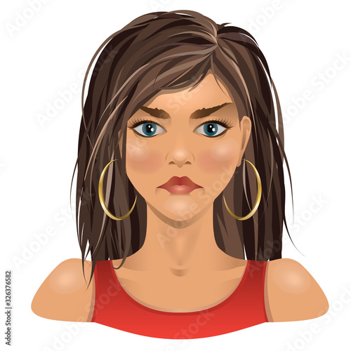 Portrait of beautiful angry brunette young women.  Pretty girl in red dress. Vector illustration.