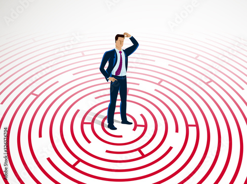 Confused young handsome businessman in the center of radial labyrinth trying to find way out vector illustration, business strategy, problem solution.