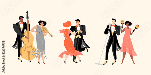 Musicians and people dancing in vintage costumes. Retro party in the style of the 1920s