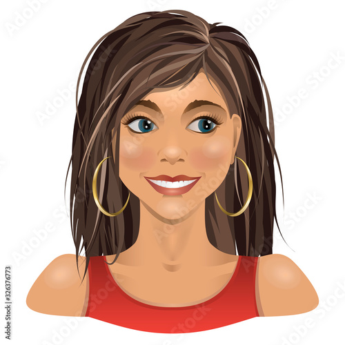 Portrait of surprised and smiling brunette young women.  Pretty girl in red dress. Vector illustration.