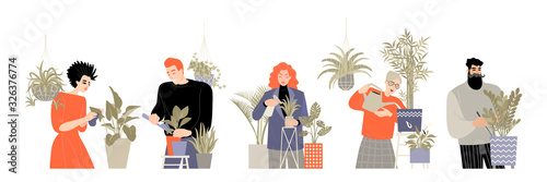 Set of images of people caring for home plants. Men and women watering, transplanting flowers, sprayers and rubbing leaves, loosening the soil.