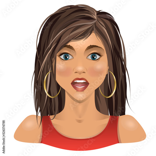 Portrait of surprised brunette young women.  Pretty girl in red dress. Vector illustration.