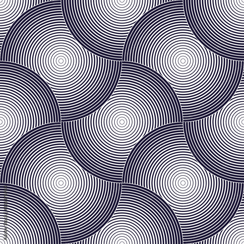 Abstract lines geometric seamless pattern, vector repeat endless fabric background. Overlapping circles funky theme. Single color, black and white. 