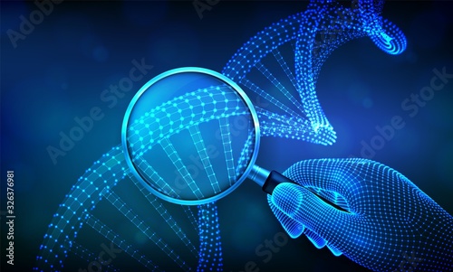 Genetic engineering concept with magnifier in hand and DNA sequence. Wireframe DNA molecules structure mesh. DNA code editable template. Science and biotechnology concept. Vector illustration.
