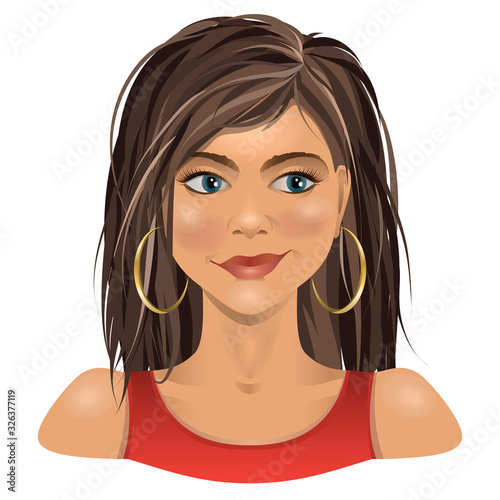 Portrait of beautiful grinning brunette young women.  Dreaming pretty girl in red dress. Vector illustration.