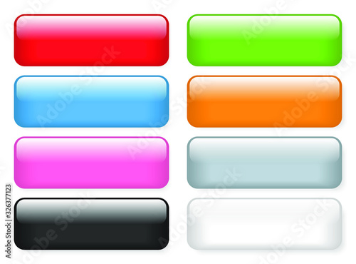 Blank Shiny rectangle and round glossy glass button icon. Vector illustration image. Isolated on white background. Web colors, red, orange, green, white, black, gray, blue and pink. Buttons symbol