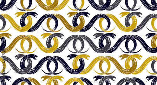 Snakes seamless background, vector dangerous venom serpents pattern, vintage style drawing tiling endless wallpaper.