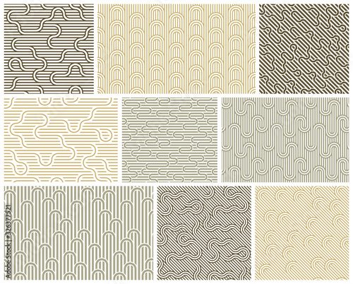 Seamless linear vector geometric minimalistic patterns set, abstract lines tiling backgrounds, stripy weaving, optical maze, twisted stripes.