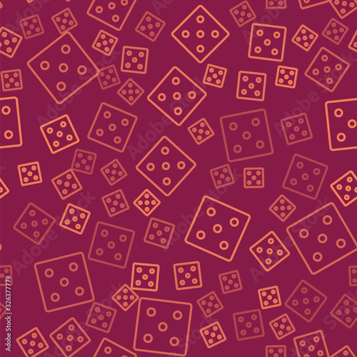 Brown line Game dice icon isolated seamless pattern on red background. Casino gambling. Vector Illustration