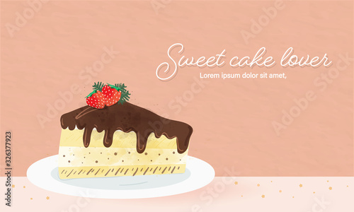 cute chocolate melting sweet piece cake put on plate.strawberry decorate cream.picture put on water color pink wallpaper.design for bakery lover party card.happy celebration banner greeting customer.