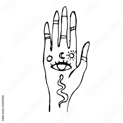 hand drawn doodle hand.Cartoon style illustration for logo, design, label, symbol. Hand with symbols. Spiritual occultism and chemistry, magic tattoo sketch. Vector