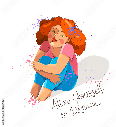 Cute adorable happy woman sitting barefoot on a ground isolated on white, enjoy every moment of life concept, allow yourself to dream, rest and calm, ease and laze.
