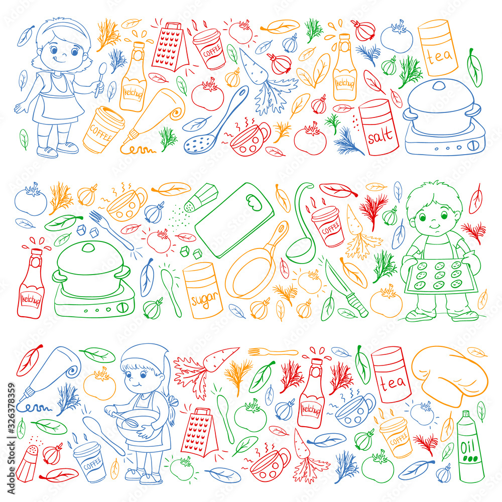 Vector pattern with cooking class for little children. Kids icons. Healthy eating. Vector pattern with cooking class for little children. Kids icons. Healthy eating.