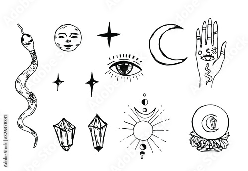 Vintage boho illustration with magic hands,moon phases.Astrology,astronomy concept.Witchcraft symbols: snake, eyes, fortune telling magic crystal ball with eye of providence.for tattoo, textile, card