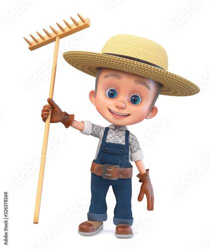 3D illustration funny farmer boy in a hat and overalls with a rake/3D illustration a small farmer in overalls with a large rake is smiling