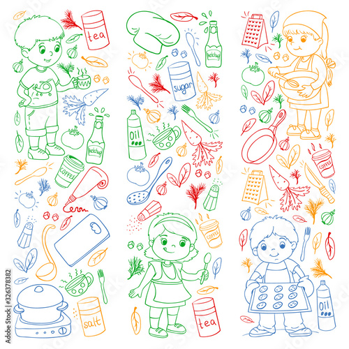 Vector pattern with cooking class for little children. Kids icons. Healthy eating.
