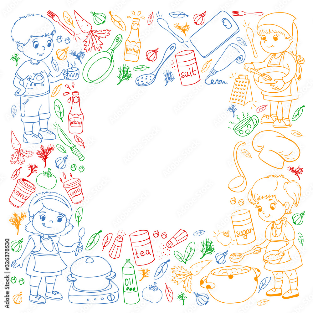 Vector pattern with cooking class for little children. Kids icons. Healthy eating. Vector pattern with cooking class for little children. Kids icons. Healthy eating.