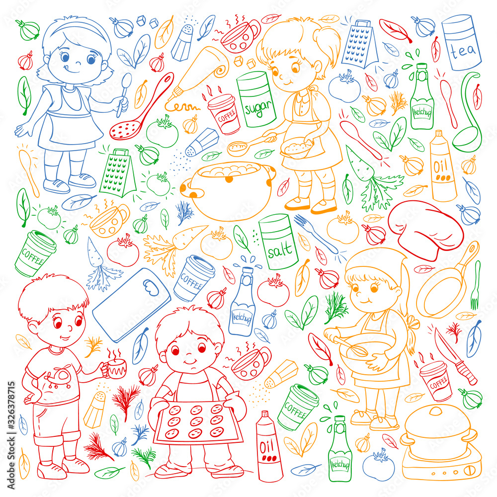 Vector pattern with cooking class for little children. Kids icons. Healthy eating.