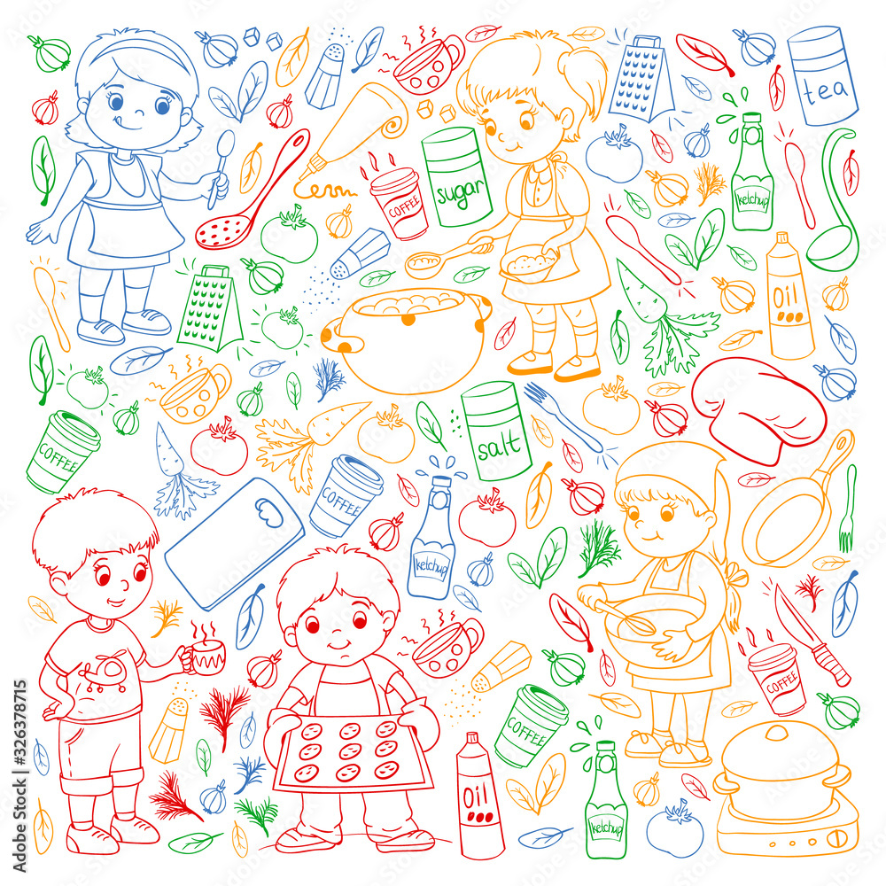 Vector pattern with cooking class for little children. Kids icons. Healthy eating. Vector pattern with cooking class for little children. Kids icons. Healthy eating.