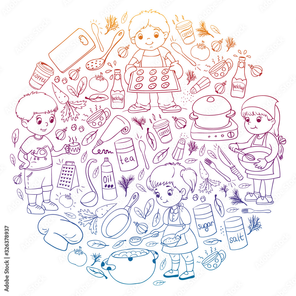 Vector pattern with cooking class for little children. Kids icons. Healthy eating. Vector pattern with cooking class for little children. Kids icons. Healthy eating.
