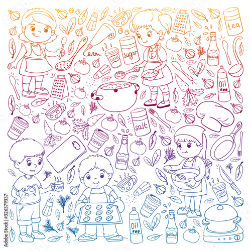 Vector pattern with cooking class for little children. Kids icons. Healthy eating.