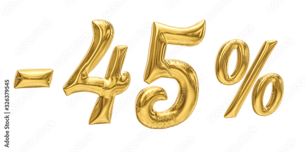 45% discount sale promotion off gold ballons number 3d rendered isolated on white background. 45% discount sale promotion off gold ballons number 3d rendered isolated on white background.