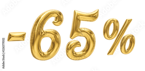 65% discount sale promotion off gold ballons number 3d rendered isolated on white background. 