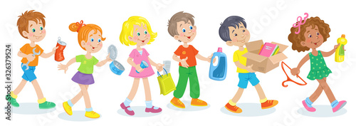 Happy children carry paper, plastic and metal trash for recycling. Separate garbage collection. In cartoon style. Isolated on white background. Vector illustration.