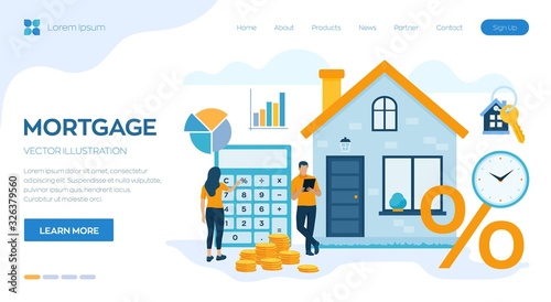 Mortgage concept. House loan or money investment to real estate. Property money investment contract. Buying Home. Man and woman calculates home mortgage rate. Vector illustration with characters.