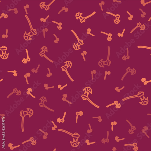 Brown line Heroin in a spoon icon isolated seamless pattern on red background. Concept of drug addiction and dependence from the narcotic. Junkie lifestyle. Vector Illustration