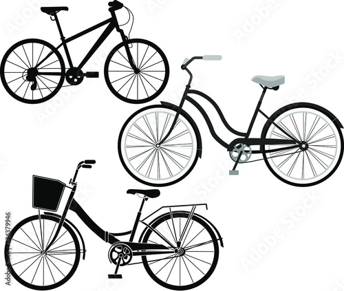 Set of vector images of bicycles. Sketch, engraving, fashion design. Vector illustration of a road bike silhouette. Environmentally friendly mode of transport. Healthy lifestyle.