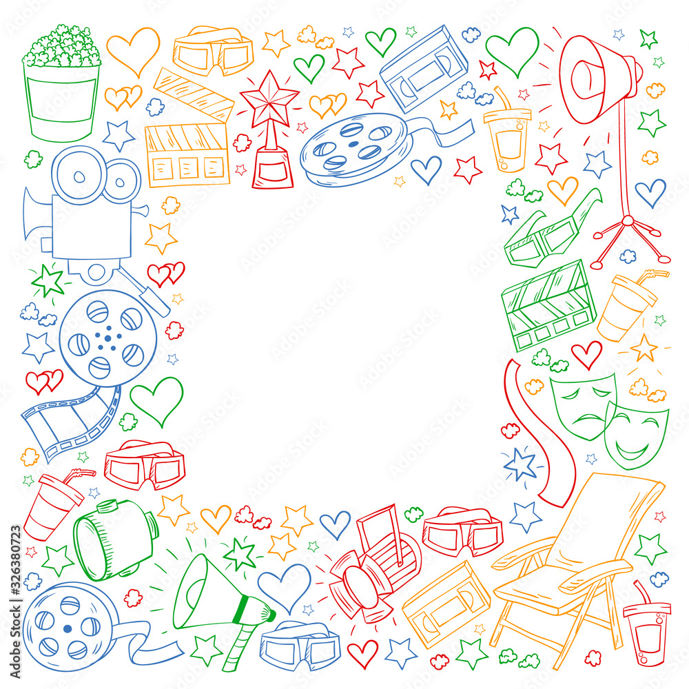 Vector pattern with cinema icons. Movie Theater, TV, popcorn, video clips, musical