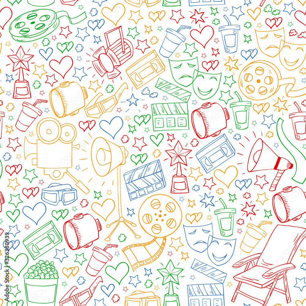 Vector pattern with cinema icons. Movie Theater, TV, popcorn, video clips, musical Vector pattern with cinema icons. Movie Theater, TV, popcorn, video clips, musical