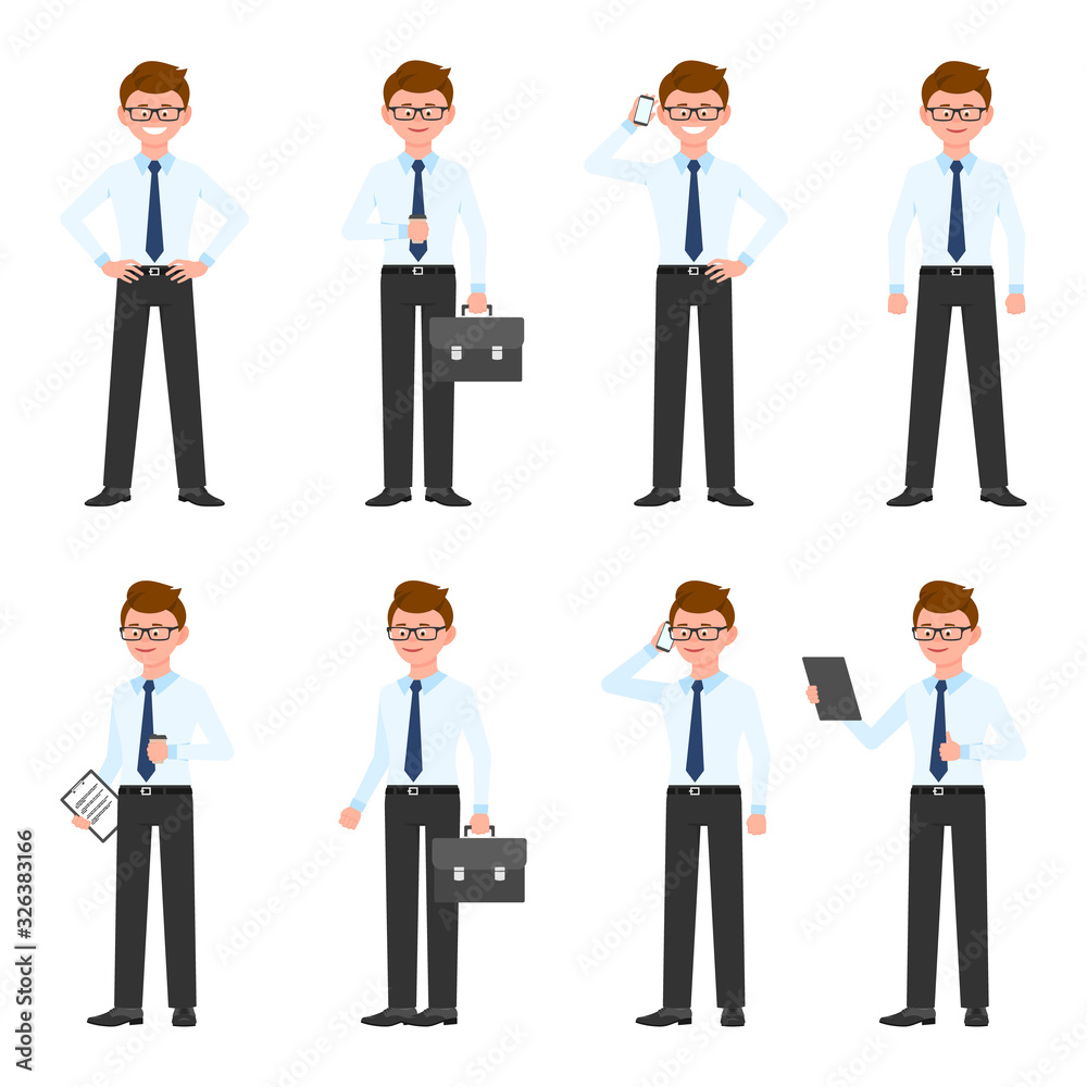 Young, happy, confident eyeglasses man vector illustration. Standing with hands on hips, drinking coffee, talking on phone, using tablet, writing notes, thumbs up boy cartoon character set on white Young, happy, confident eyeglasses man vector illustration. Standing with hands on hips, drinking coffee, talking on phone, using tablet, writing notes, thumbs up boy cartoon character set on white
