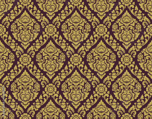 Gold and brown Lai thai pattern ,Thai traditional background with Flowers and vines cross vector art design