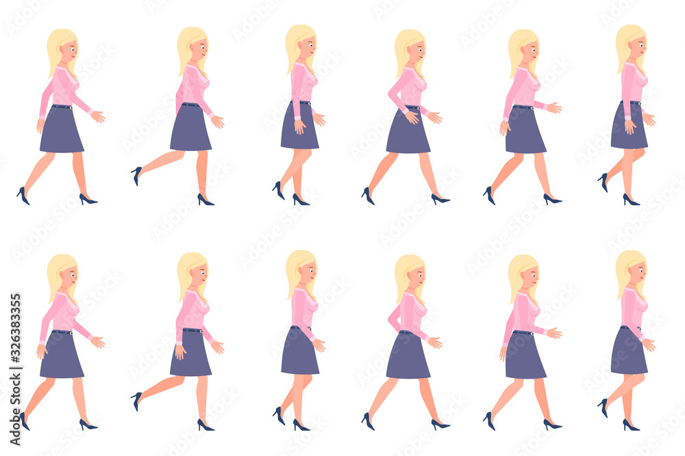 Fototapeta premium Young, adult woman walking sequence poses vector illustration. Moving forward, fast, slow going person cartoon character set on white