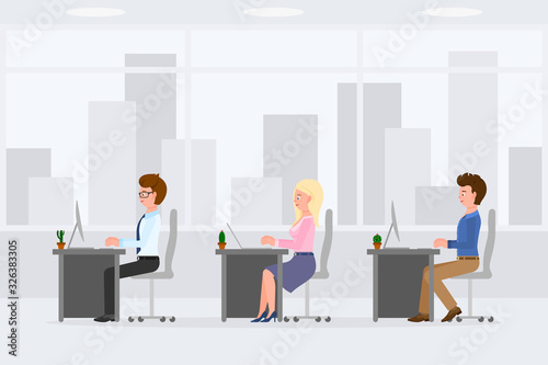 Young, funny business workers sitting at desk, typing on computer, desktop, laptop vector illustration. Man and woman colleagues in office interior cartoon character set on cityscape background