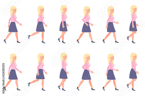 Young, adult woman walking sequence poses vector illustration. Moving forward, fast, slow going person cartoon character set on white
